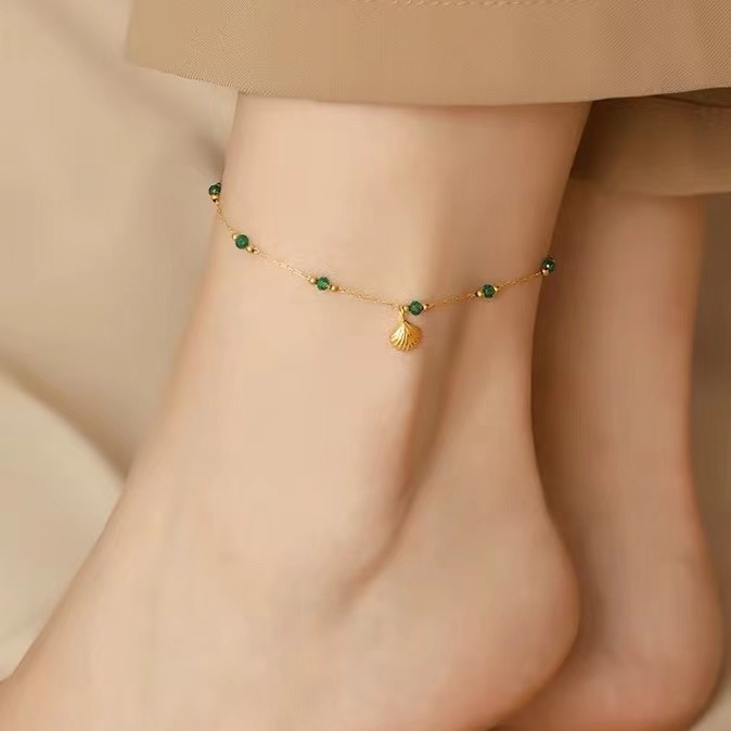 Delicate Gold Shell Anklet with Green Crystal Beads